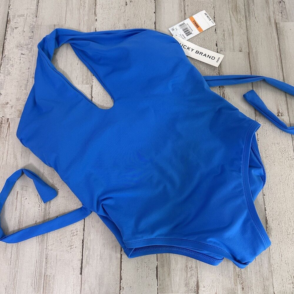 Lucky Brand Swimsuit One Piece Blue‎ Strappy Plunging Small Beach Vacation NEW